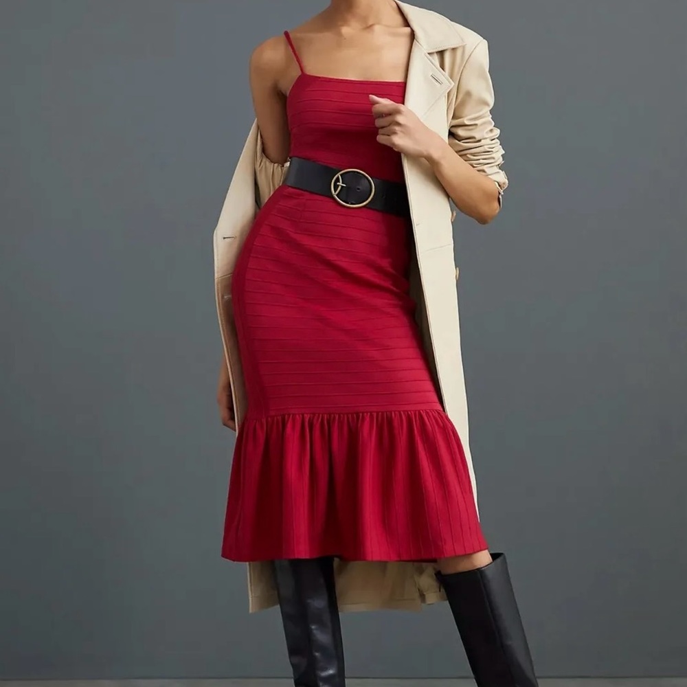 Anthropologie Hutch Square Neck Slim Midi Dress Sz Large Red Bodycon Stretch